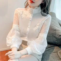 Elegant Lace Embroidery Gauze Oversized Lantern Sleeve Chiffon Shirt Summer Chic Tops Loose Sweet Women Clothing Commute Blouse