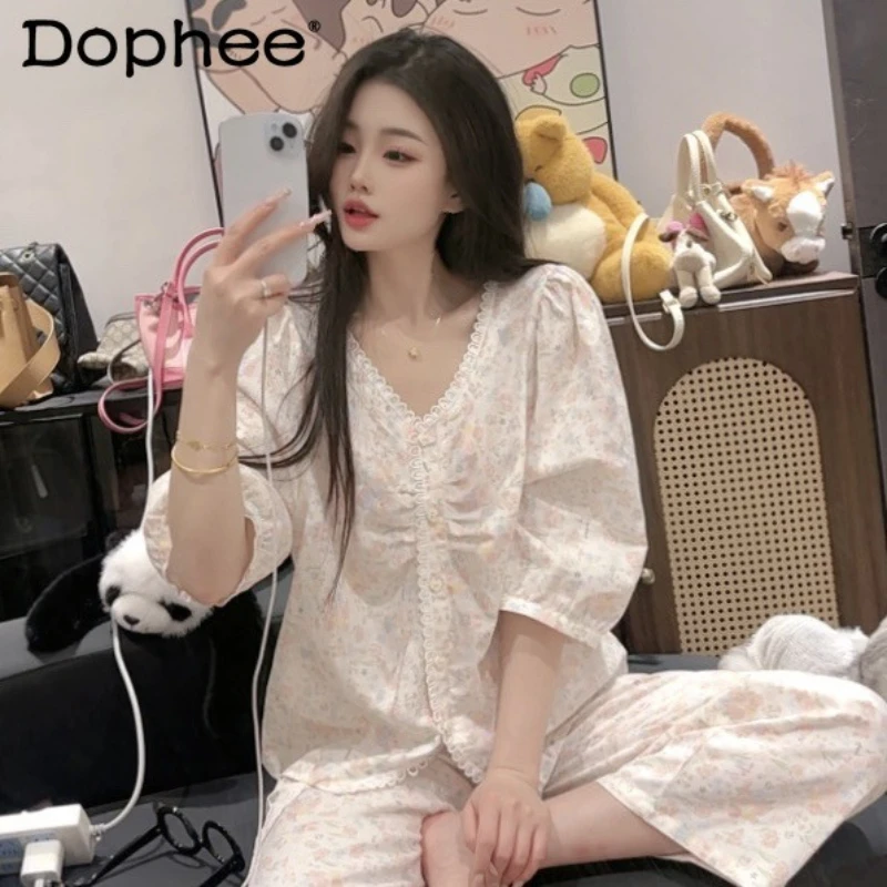 

2025 Summer Fresh Sweet Cute Casual Cotton Floral Pajamas Loose Fit Wearable Homewear Set