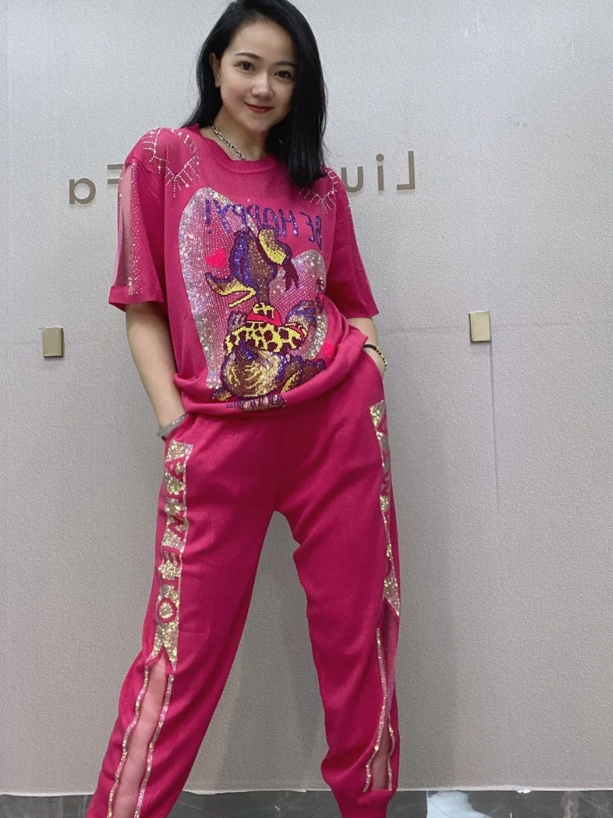Summer 2024 Fashion High Elasticity Loose Knitted Long Pants Short Sleeve Glitter Brand Cartoon Design Casual Knitting Set