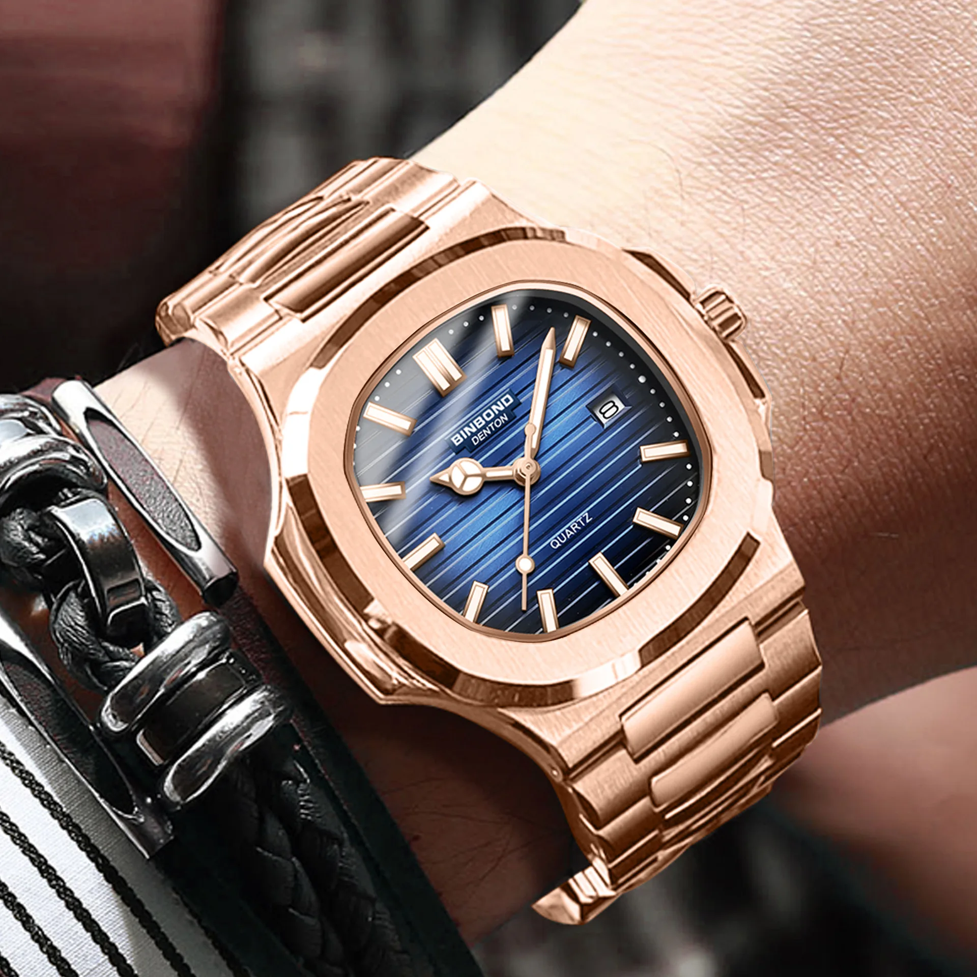Authentic European American Trendy Watches Men Business Stainless Steel Square Luxury Waterproof Male Fashion Quartz Clock Watch