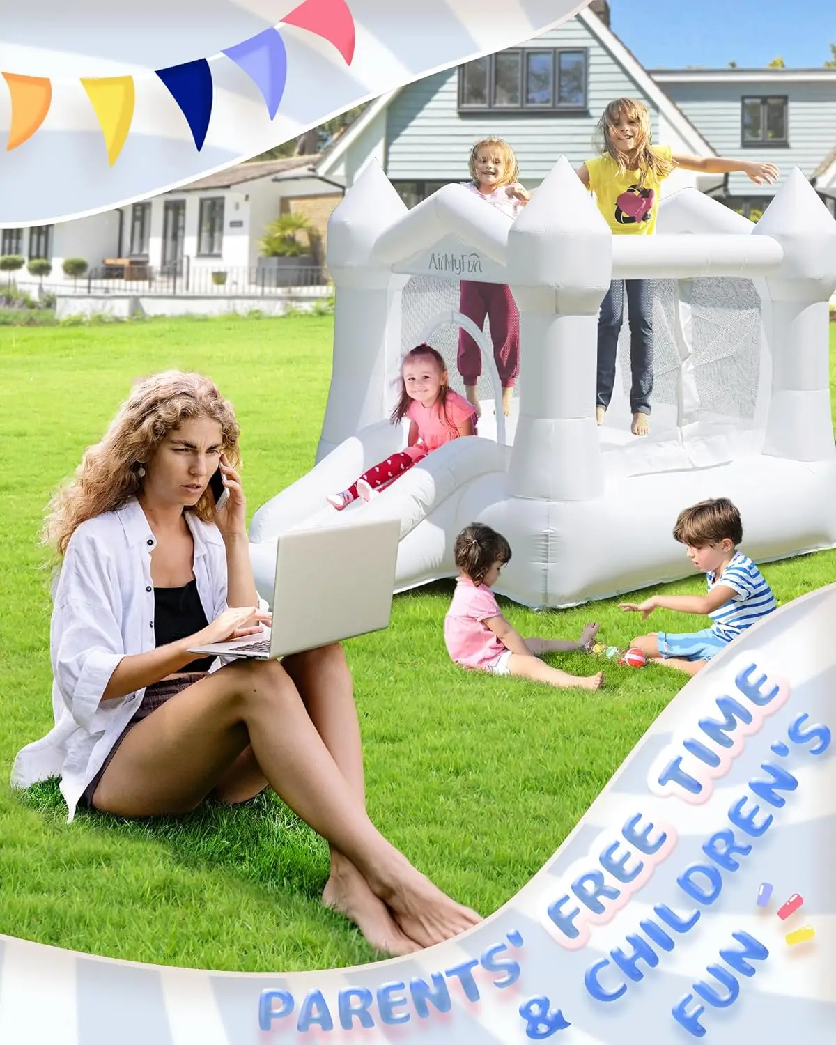 Casa de rebote blanca para niños de 3 a 8 años, casa de rebote con tobogán, casa de rebote inflable para interiores y exteriores con soplador de aire, castillo de salto