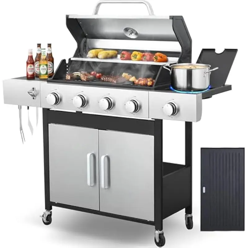 4 Burner Propane Grill with Reversible Griddle Plate 49000 BTU Output Stainless Steel Burners Built In Thermometer Warming Rack