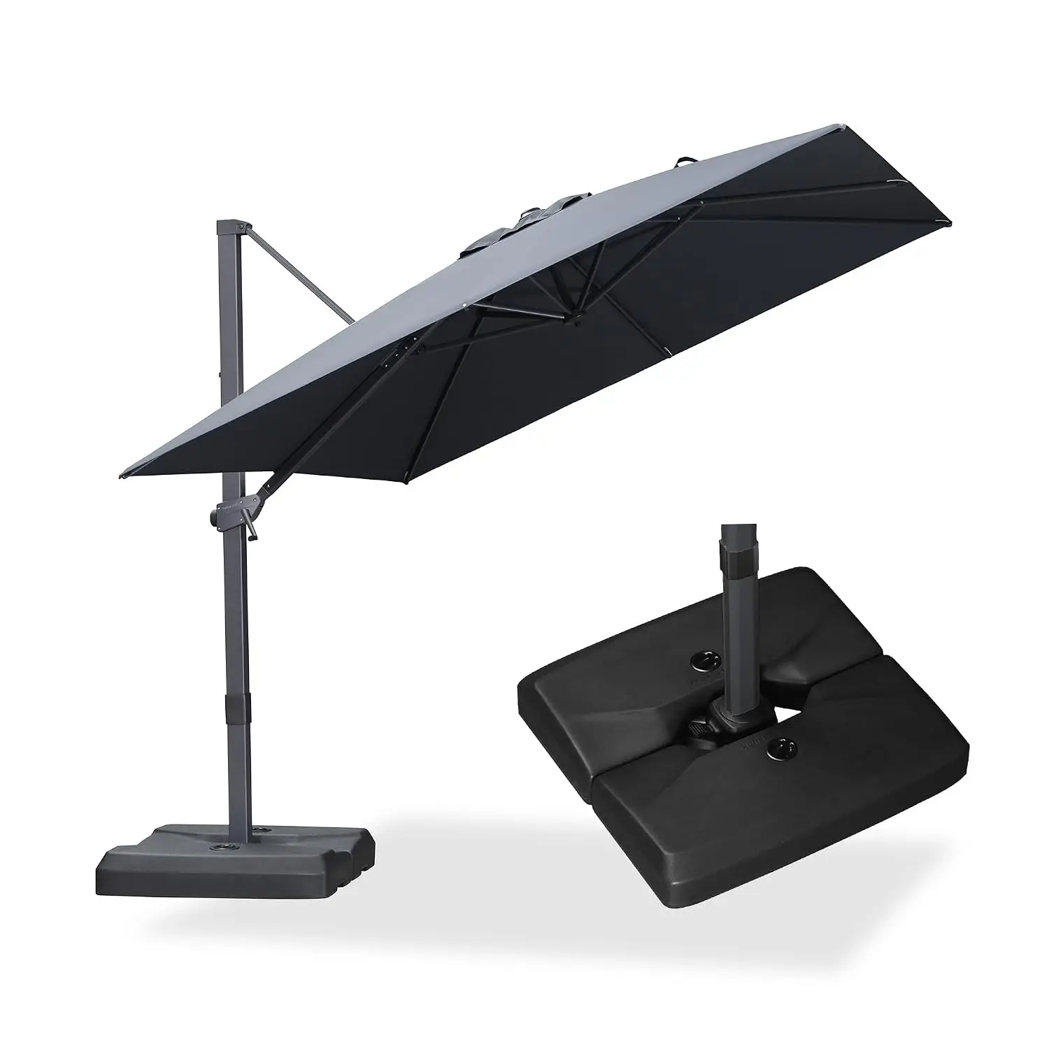 Square Cantilever Umbrella 9x9ft with Base, 240GSM UV Fabric, 360° Rotation, Aluminum Frame, All-Day Shade, Grey, Customized