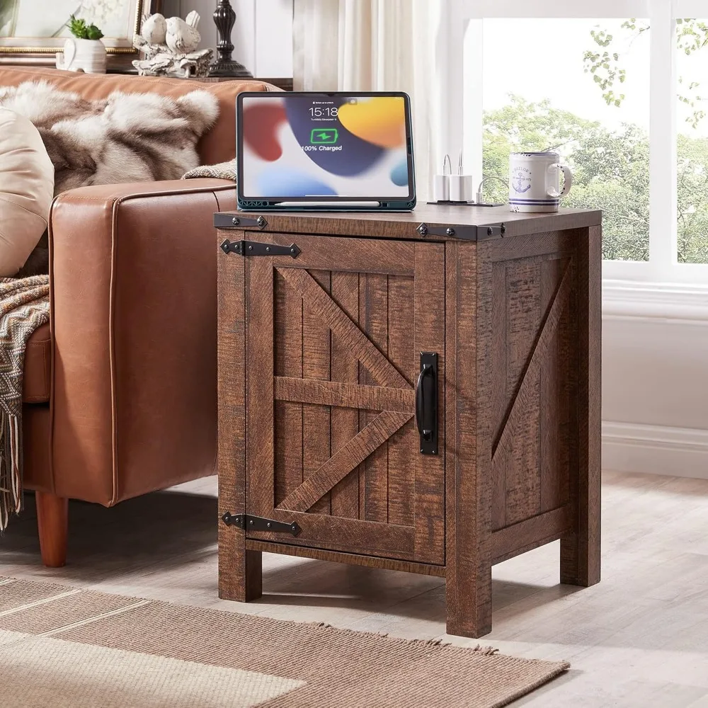 

Nightstand w/Charging Station, 18 Inch Farmhouse End Table w/Barn Door and Adjustable Storage Shelf, Rustic Wood Sofa Side Tabl