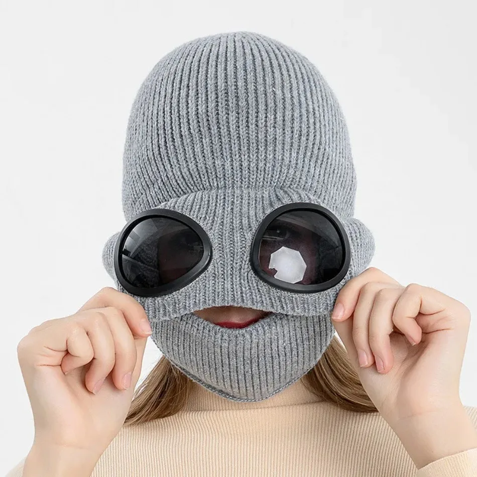 Chapeau chaud d'automne et d'hiver, nouvelles lunettes d'aviateur, Protection des oreilles, Plus chapeau tricoté en laine chaude en velours avec masque
