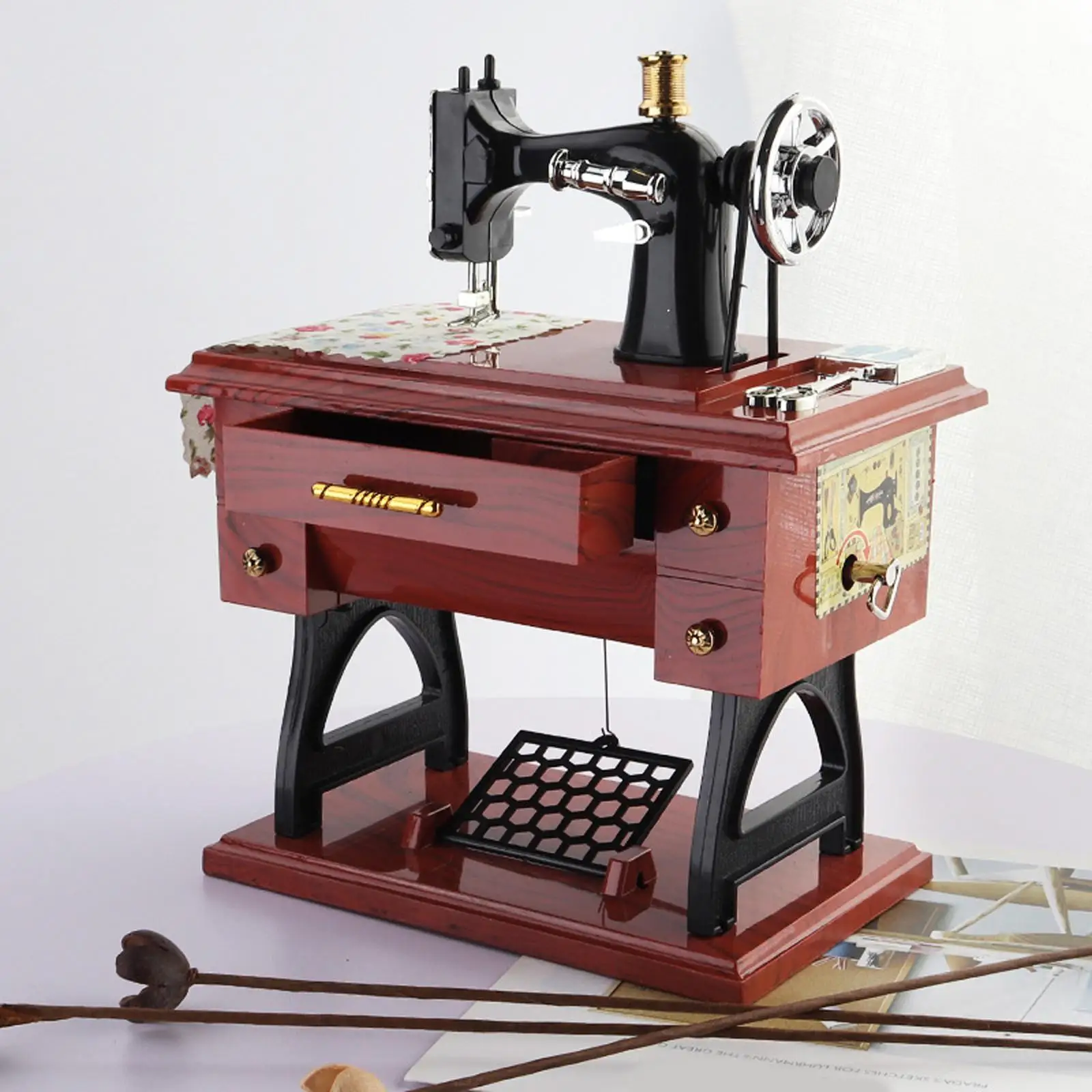 Sewing Machine Music Box Retro Style Treadle Sewing Machine Decorative Mini Table Decor for Wedding Office Christmas Home Gift