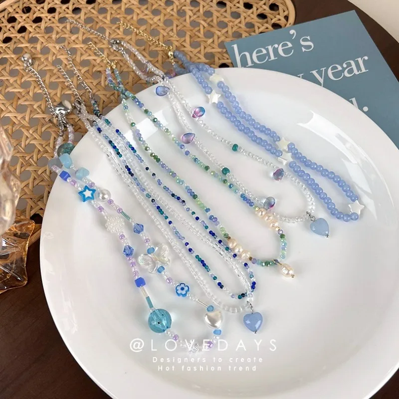 Blue Handmade Colorful Beaded Necklace Summer Versatile Layering Crystal Choker Trendy Hot Girl Collarbone Jewelry for Women