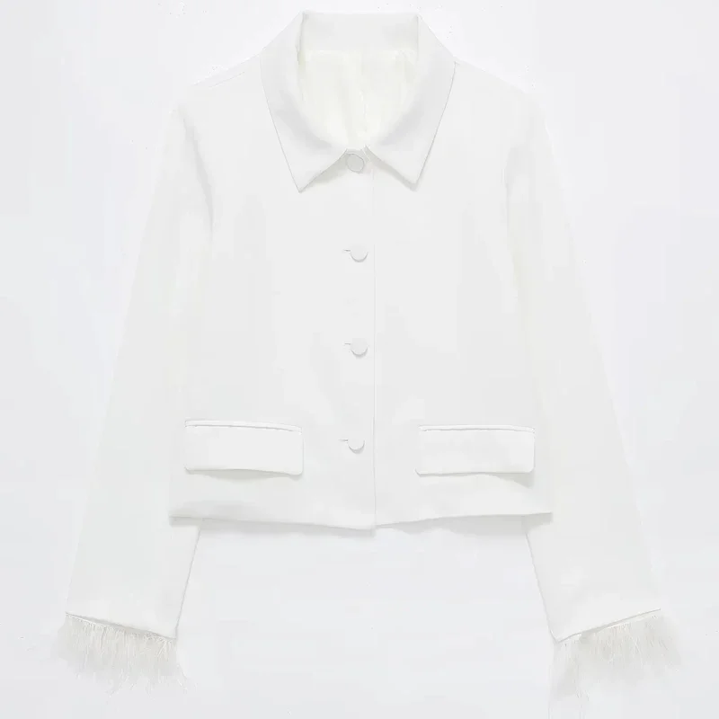 ASDS Cropped Feather Blazer Women\'s Blazers Spring Summer 2024 White Lapel Collar Long Sleeve Blazer New In Coats Elegant Blazer