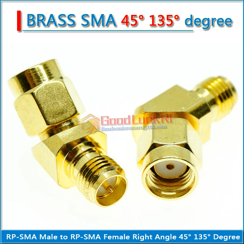 RP-SMA dual RPSMA RP SMA macho a RP SMA hembra, adaptador de conector RF Coaxial de latón dorado, ángulo oblicuo de 45 ° y 135 °