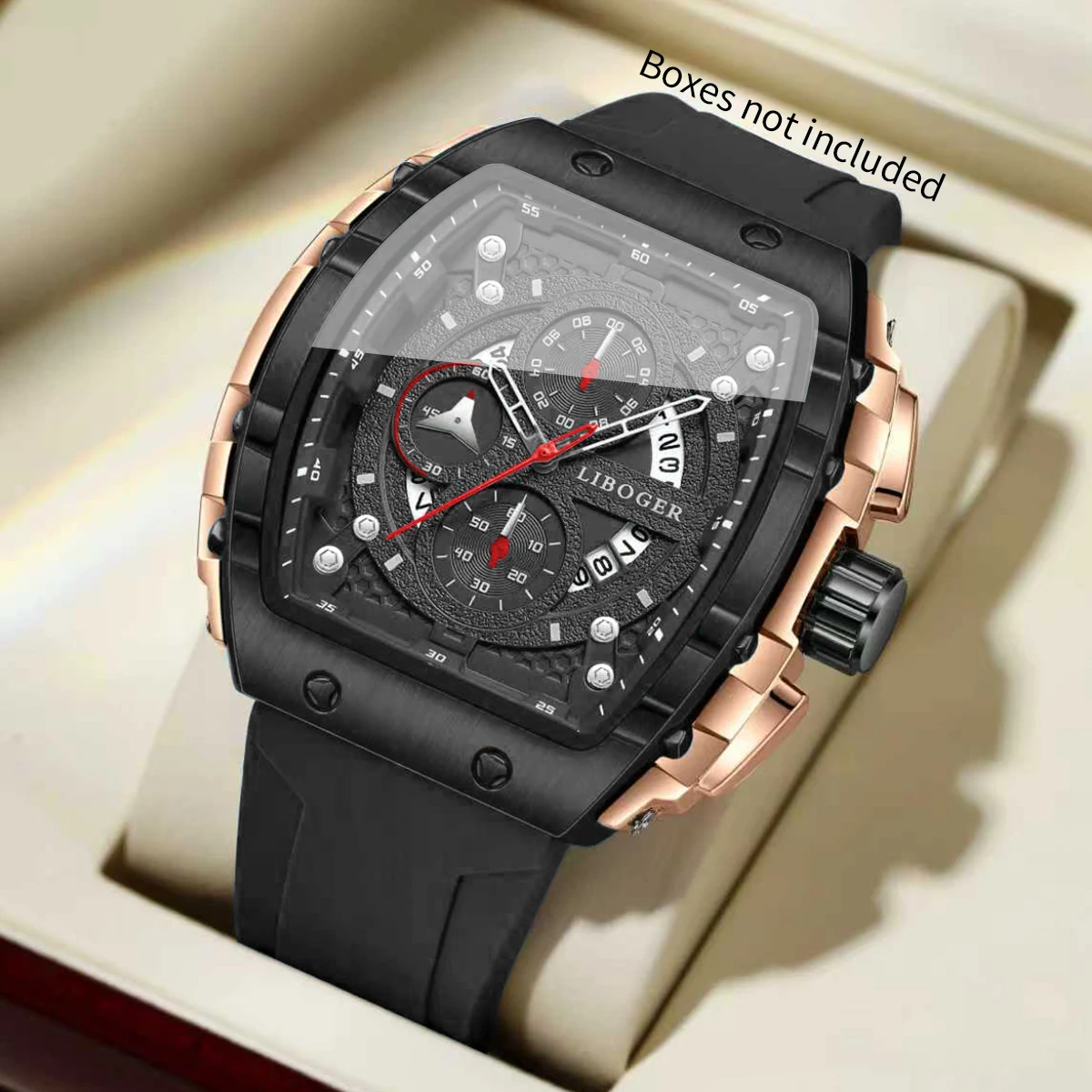 Fashion Tonneau Men Sport Watch Casual Silicone Strap Military Outdoor Analog Wristwatch For Men Calendar Watches（Without Box） - view 3
