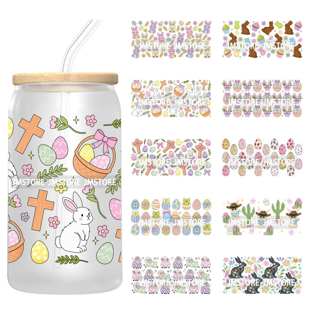 

Coquette Easter Cross Bunny Colorful Eggs 16OZ UV Cup Wrap Custom Transfer Stickers Waterproof For Libbey Glass Can Cups Tumbler