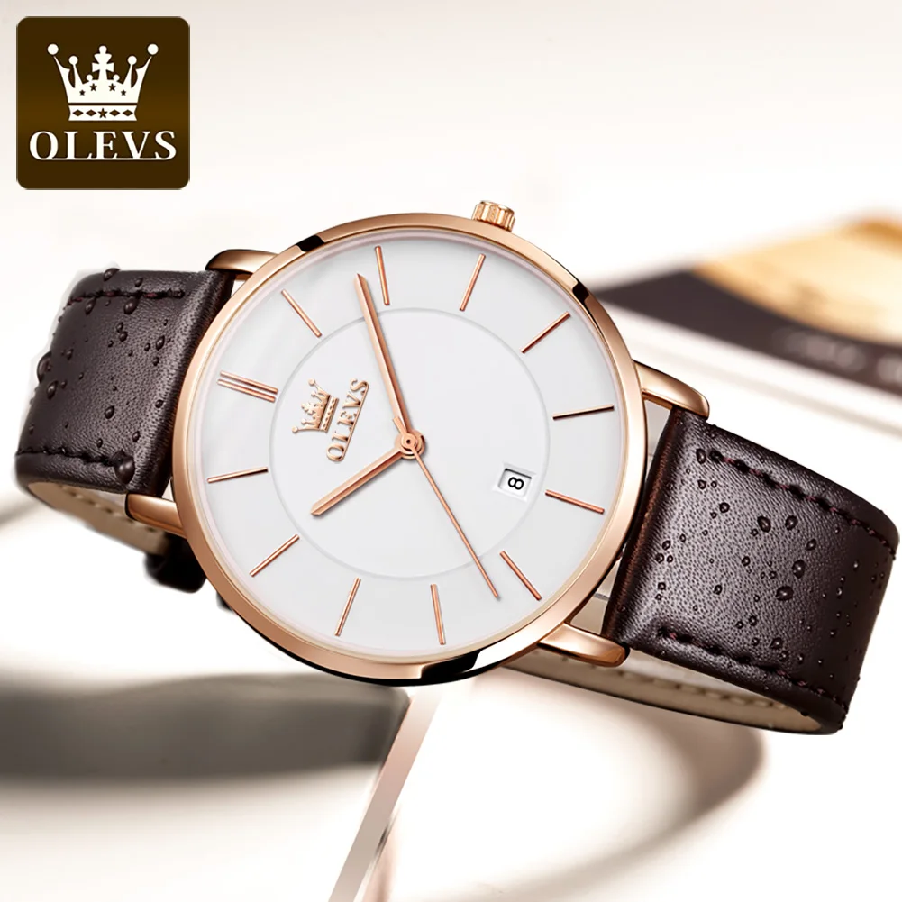 OLEVS-Relógio Quartzo Impermeável Ultra Fino Masculino, Minimalista, Negócios, Pulseira de Couro, Encontro, Luxo, Moda, 6,5mm