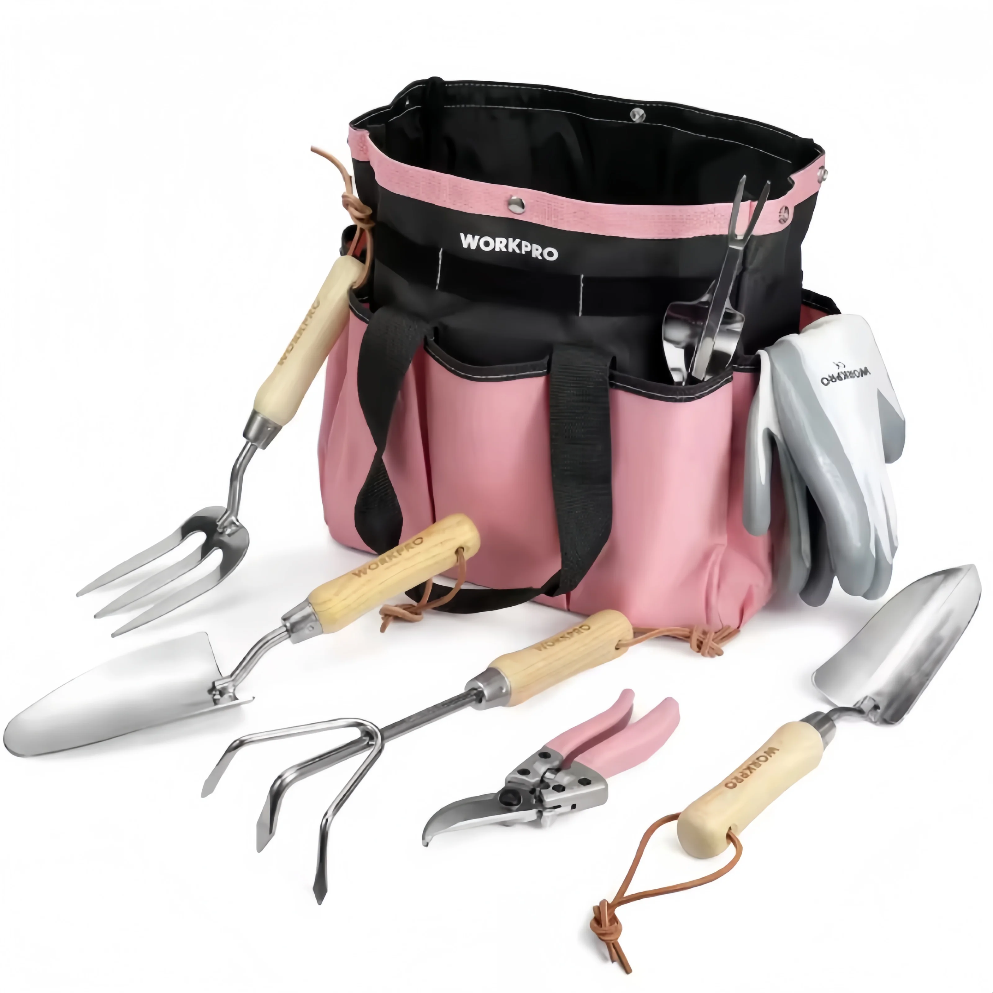 

Новый набор розовых садовых инструментов из 8 предметов, садовые инструменты из нержавеющей стали с деревянной ручкой, включая садовую сумку, перчатки, шпатель