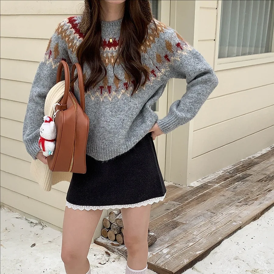 

Женский зимний повседневный жаккардовый свитер с круглым вырезом 2024, вязаный пуловер, модный уютный теплый топ для женщин