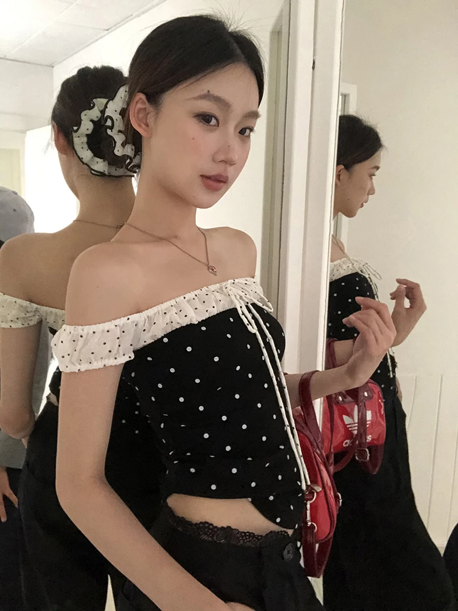 Bla Polka Dot ort Sve T-Shirt Damen Sommer New Sle Slim Fit Oulder Bared One Oulder Top Pendeln Sle Baumwolle B...