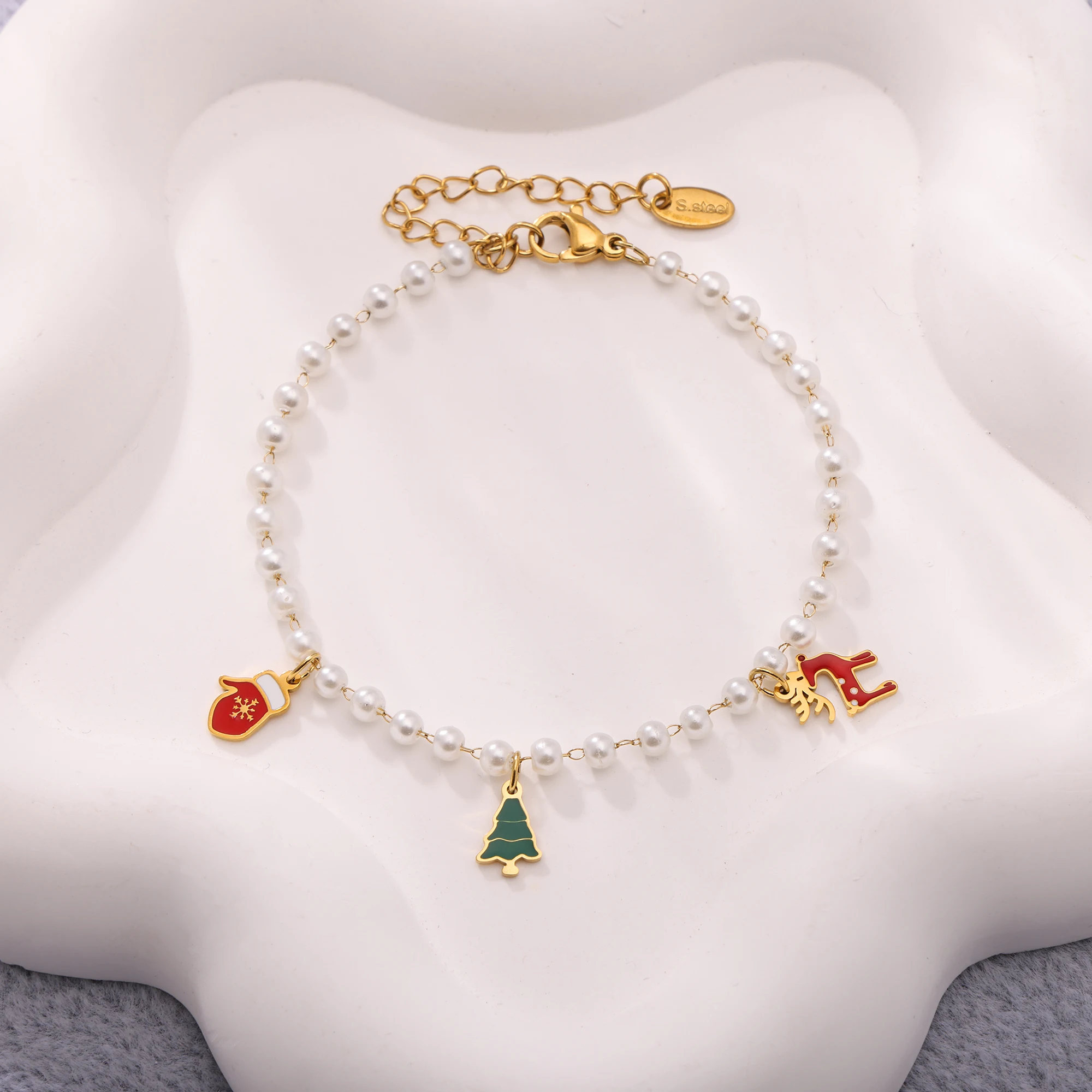 Hirsch-Weihnachtsbaum-Handschuh-Anhänger, Halsketten, Armbänder für Damen, 316L Edelstahl, Imitationsperlen-Strang, Schmuckset – Detail 7