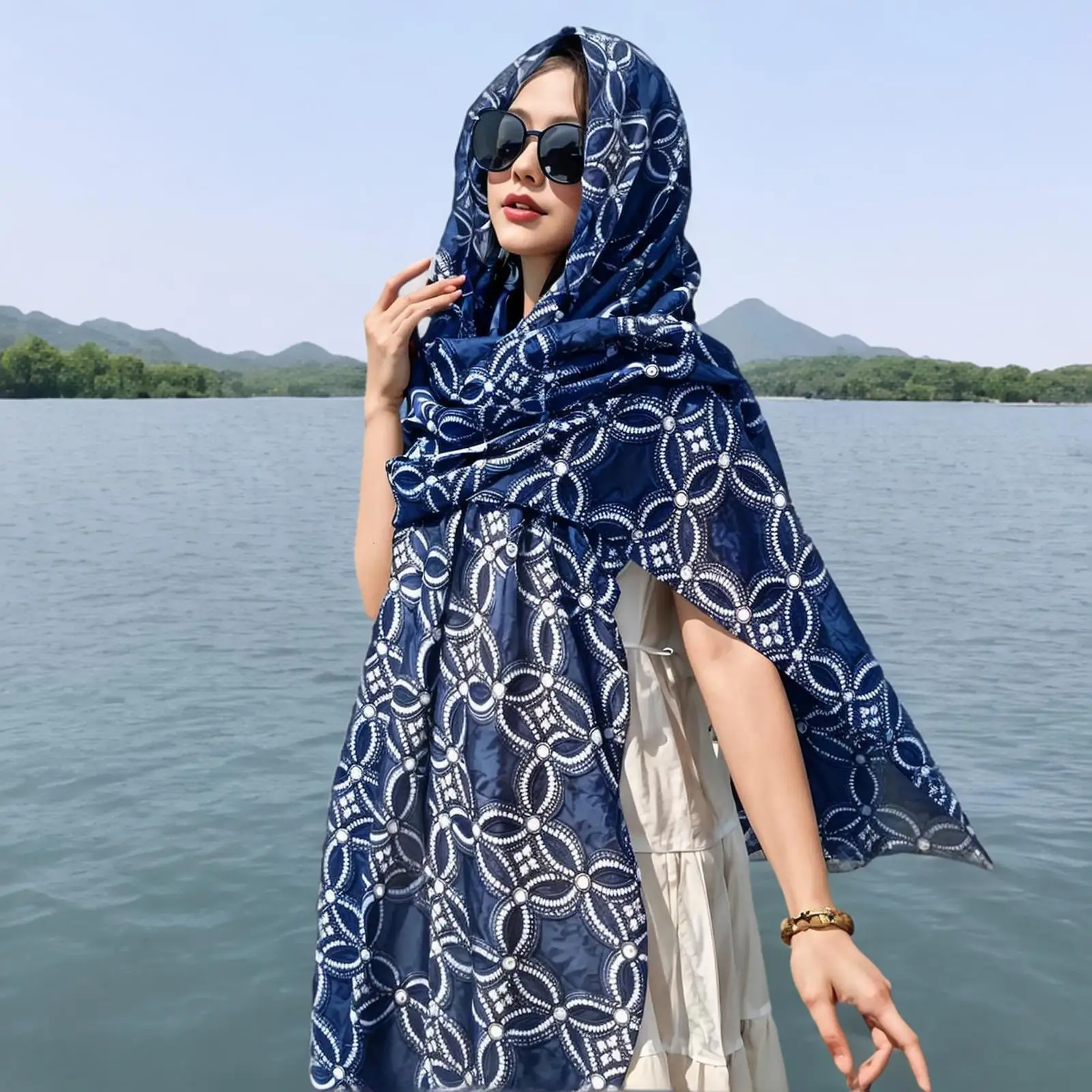 

Small fresh and retro blue and white porcelain cotton linen scarf Bali yarn scarf simple sun protection blue floral shawl women