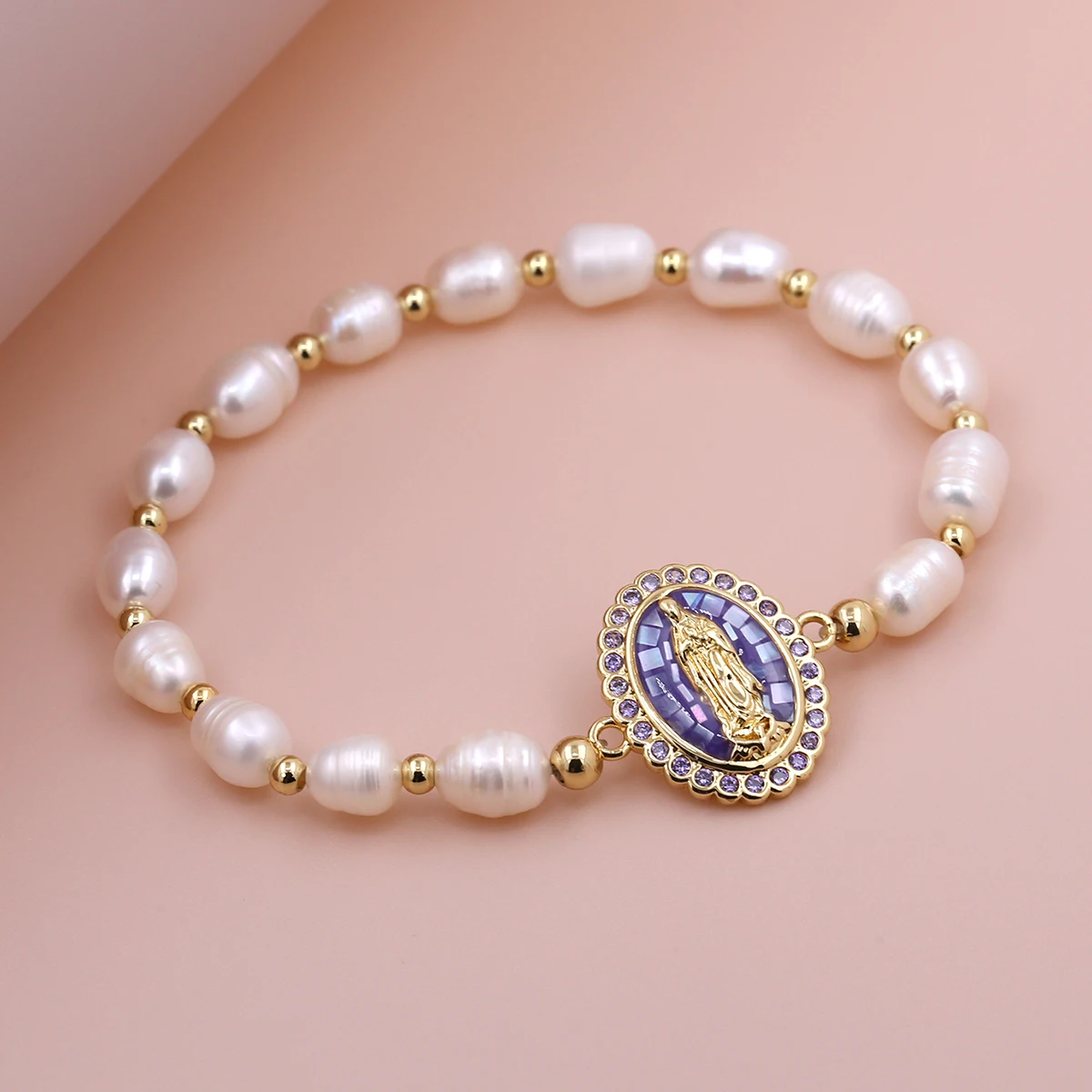 2024 Newest Shell Pearl Bead adjustable Zirconia Paved Virgin Mary Religious Cz white Elastic line Bracelet For Women