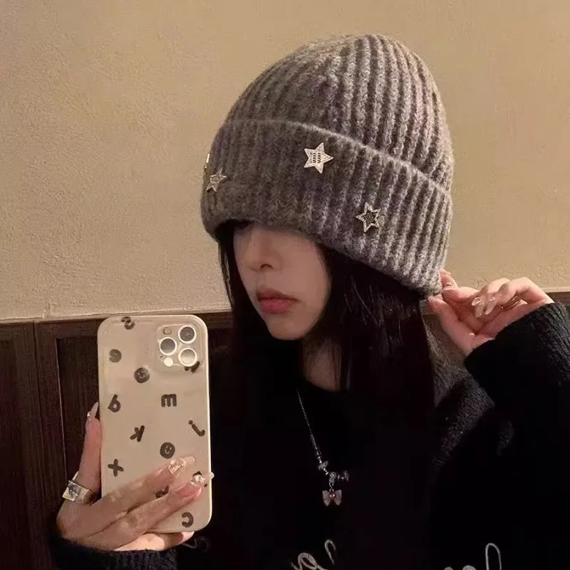 الكورية الأزياء المعادن ستار قبعة المرأة الأذن حماية البلوز قبعة الشتاء الدافئة محبوك قبعة الصلبة الصوف الكروشيه بونيه Skullcap #2