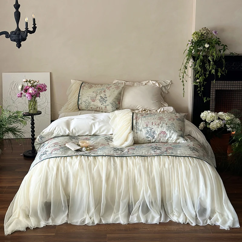 4Pcs French Princess Lace Ruffles Lyocell Cotton Soft Silky Skin-friendly Bedding Set Duvet Cover Sets Bed Sheets Pillowcases
