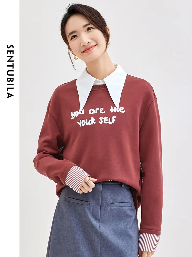 SENTUBILA 100% Cotton Crewneck Patchwork Sweatshirt Women Fashion Casual Long Sleeve Letter Embroidered Female Tops 133A51289