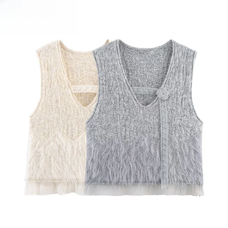 

Handmade Splicing Sequin Mixed Fabric Svel Vest Top 2025 Autumn New Sle Women's Faionable Versatile ort V-Ne