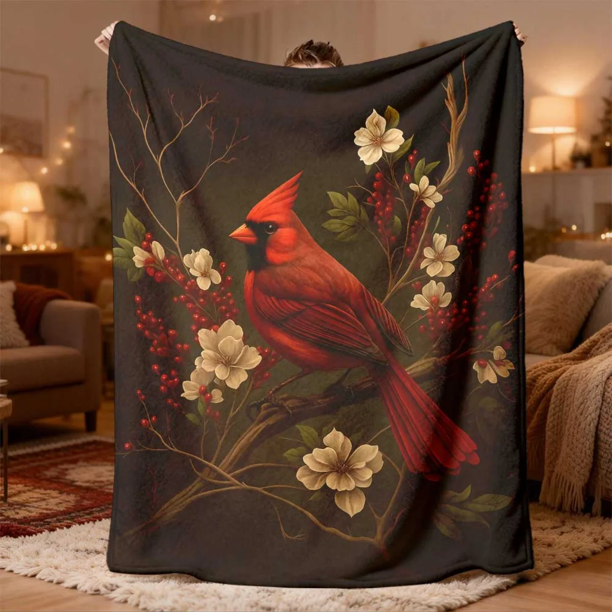 Large Cardinal Floral Print Throw Blanket 150x200cm Autumn Forest Mural Cozy Decorative Home Decor Bed Couch Sofa