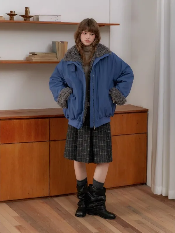 

Deep Sea Vintage Blue Patchwork Fur Collar Jacket Cotton Coat Inner Liner Soft Plush Material Casual Loose Fit Zipper Closure