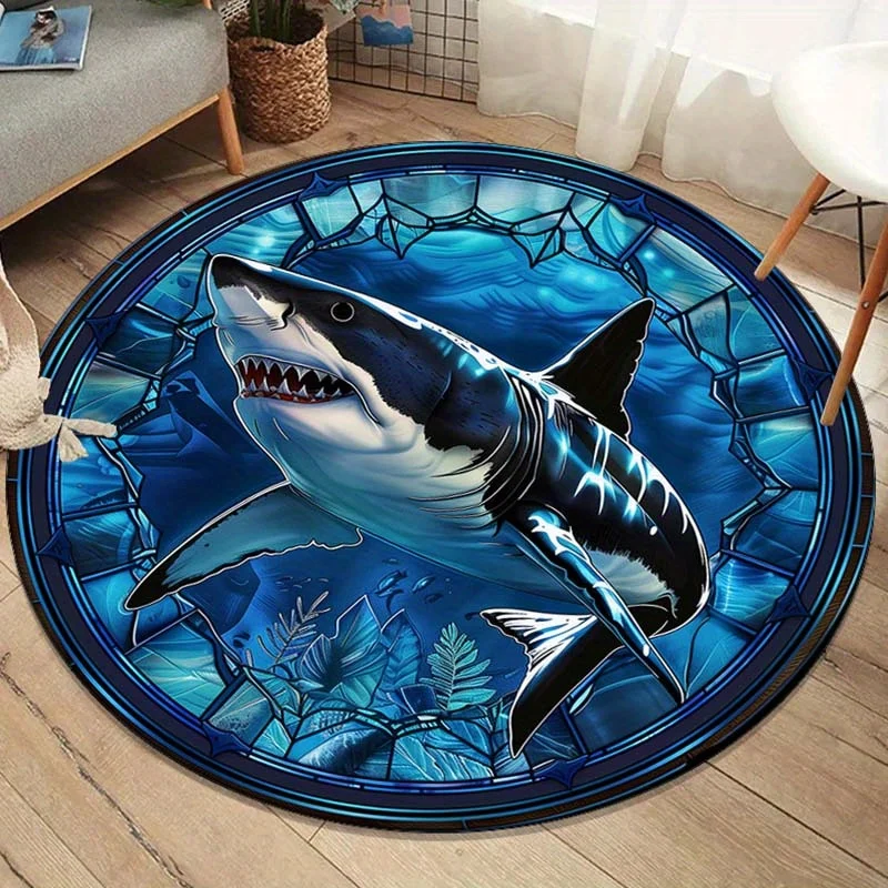 Blue Stained Glass Shark Round Rug Crystal Velvet Floor Mat Ocean Animal Art Decorative Home Bedroom Living Room Area Rug
