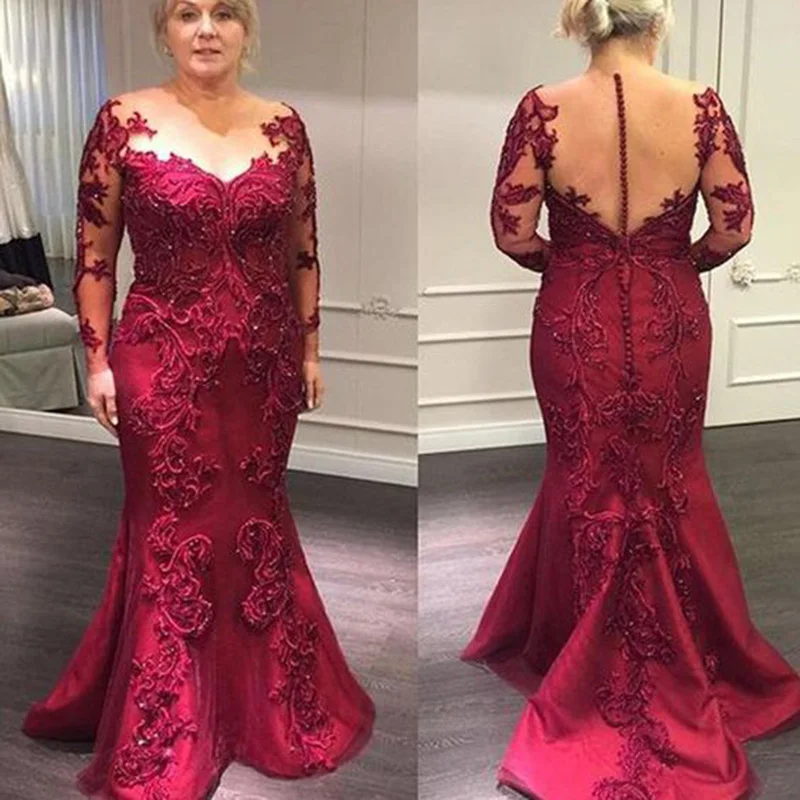 Latest Elegant Full Length Burgundy Lace Mother of the Bride Dresses Long Sleeves Illusion Neck Wedding Party Gowns Mermaid