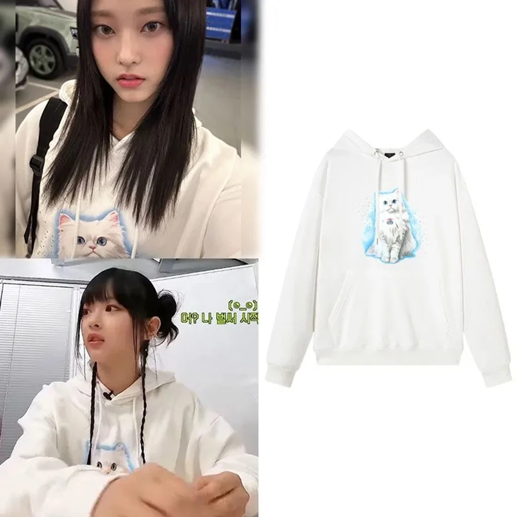 2024 KPOP Korean Trend Stars Style Ragdoll Cat Printe Hoodie Women Harajuku Hoodies Unisex Autumn Winter Pullover Sweatshirts