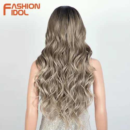Imagen 2 del producto FASHION IDOL-pelucas frontales de encaje ondulado largo y profundo, 30 pulgadas, parte media sintética, pelucas de encaje Rubio degradado y gris para mujer, pelucas de jengibre
