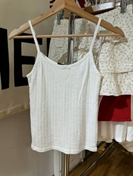 Lace Trim Eyelet White Slim Tank Tops for Women Summer Bow Sleeveless Cotton Camisole Vintage Sweet Cute Preppy Style Basic Tops
