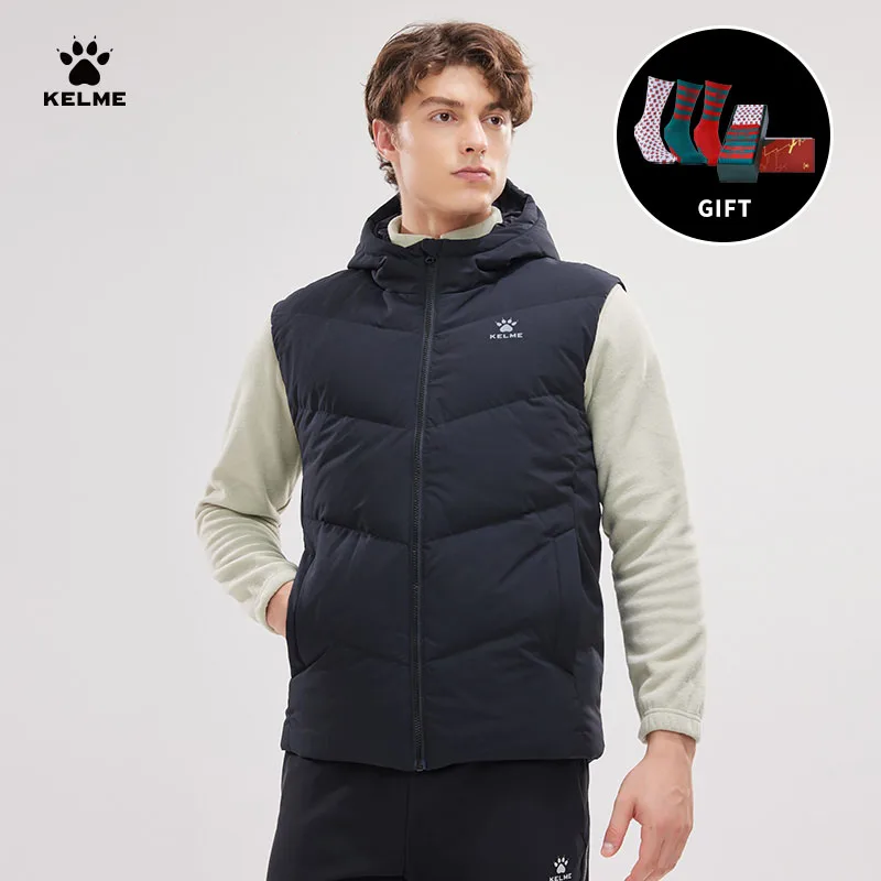 

KELME Men's Winter Down Vest Soccer Training Warm Jacket 90% Duck Down Short Hooded Outwear Sports Windproof Coat MJ60471006