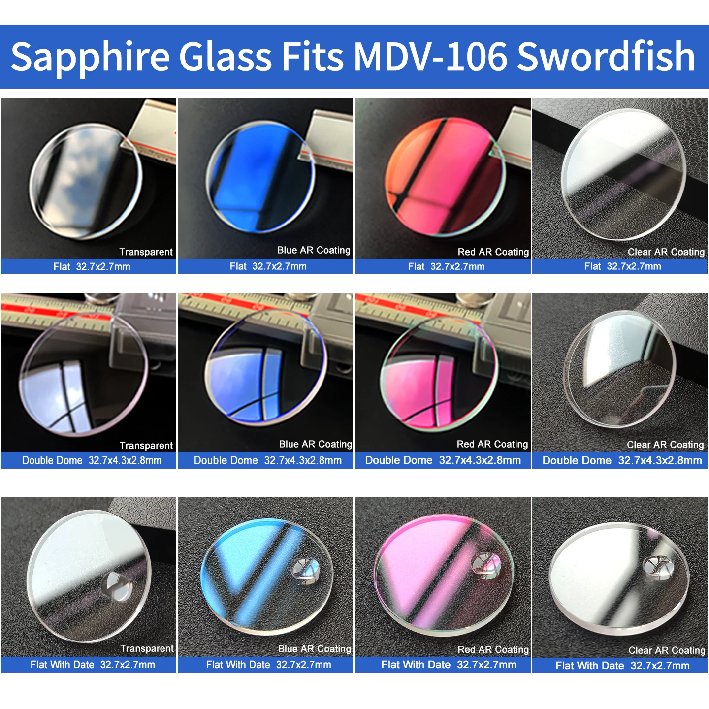Saphirglas für MDV-106 Swordfish Flat Double Dome Brand Duro Dolphin 200m Taucheruhr Blau Rot AR-Beschichtung Uhrenteile – Detail 1