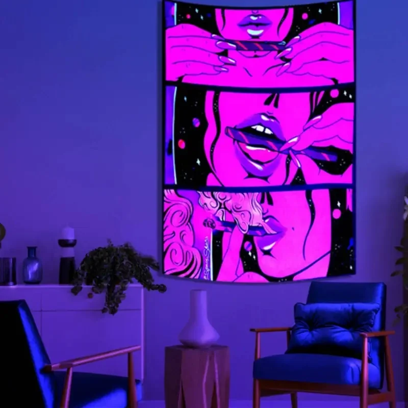 VIKAMA Neon Pop Art Wall Tapestry, Purple Pink Cartoon Woman Lip Art Print Wall Hanging, Teen Bedroom Background Cloth