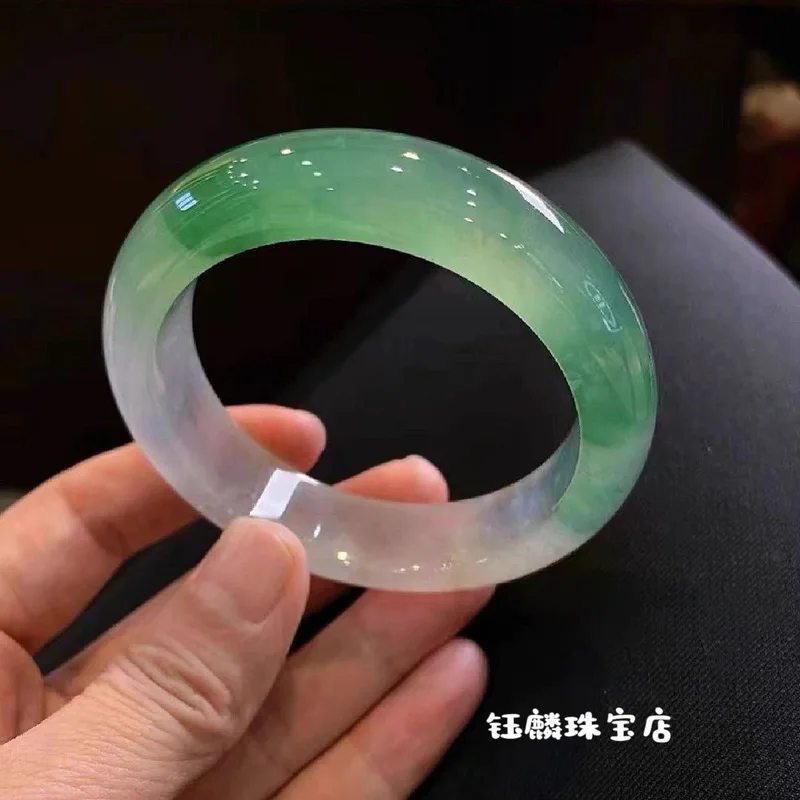 Myanmar Old Mine Jadeite Ice Jade Bangle with Landscape Motifs and Floral Patterns, Suitable for Gifting