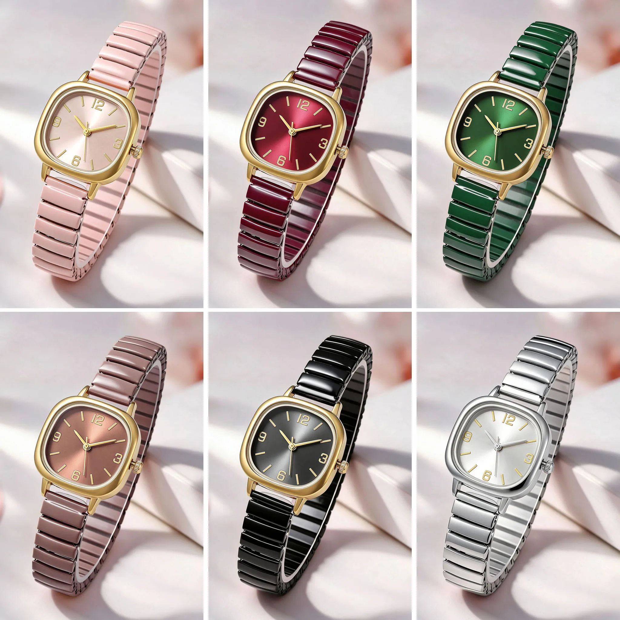 Minimalist Square Women Quartz Wristwatch Gold Alloy Rounded Square Case Arabic Number Index Elastic Strap Ladies Watch