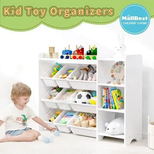 4-Tier Kids' Toy Storage Organizer Shelf - 100% Solid Wood,Children's Storage Cabinet with 9 Plastic Bins and 3 Storage