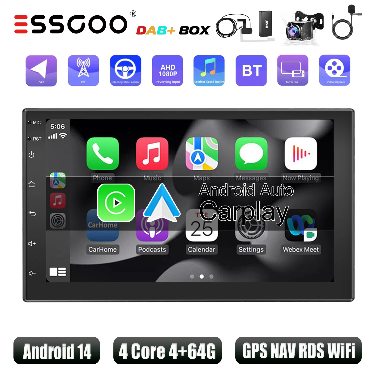 ESSGOO Autoradio Wireless CarPlay Android Auto Dubbel 2 DIN Android 13, 7-inch scherm, HD FM-radio, GPS RDS, WiFi, Bluetooth, touchscreen, hoofdunit 4+64G, DAB+AHD, camera.