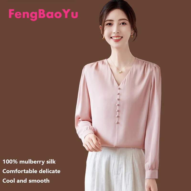 100% Mulberry Silk Ladies Long Sleeve Shirt Pink Silk V-neck Top Elegant, Beautiful Noble Business Leisure High-end Women's Wear