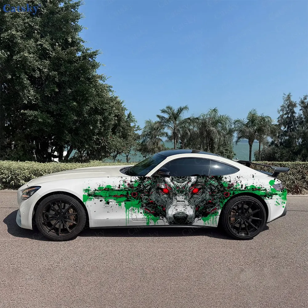 2pcs Dripping Mechanical Beast Head Car Side Wrap, Self-Adhesive PVC Waterproof & Scratch-Resistant Stickers, Car Accessory Gift