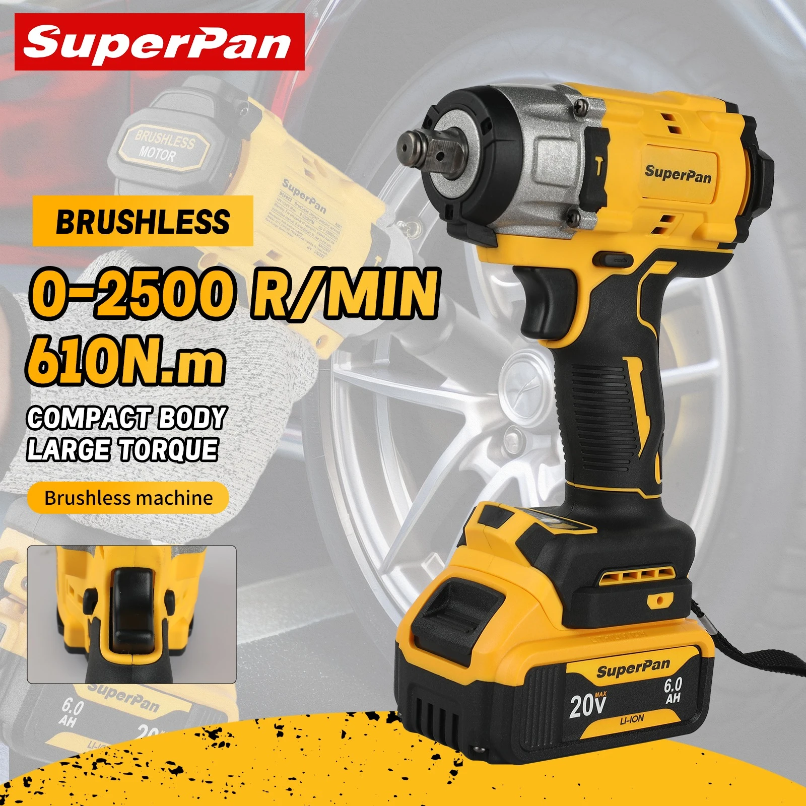 

Ударный гайковерт SuperPan SP922, бесщеточный, для строительных работ, ремонта, замены шин, совместим с аккумулятором DeWalt 20V.