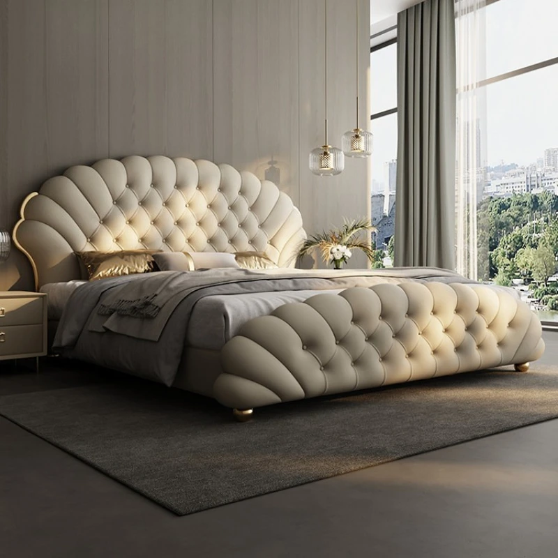 Modern Minimalist Double Bed Master Bedroom High End Soft Pack Leather Wedding Bed Full Size Frame Lit 2 Personnes Furniture