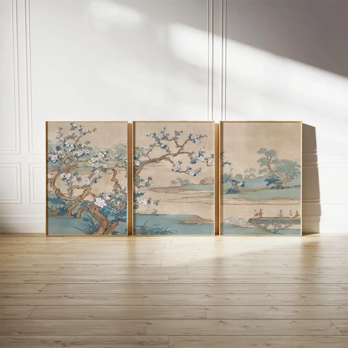 Blossom Tree Landscape Poster Set Of 3 | Traditional Figures And Flowing Branches | Soft Blue Beige Tones