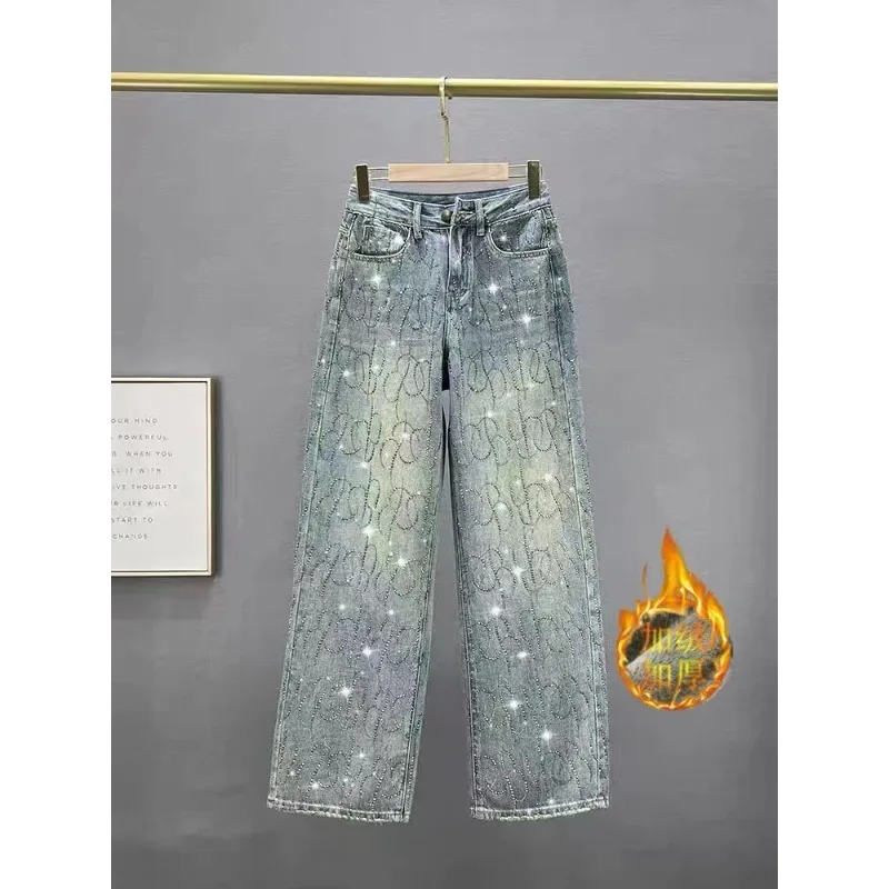 Europejskie spodnie jeansowe plus fleece, grube, luksusowe, z gradientem, zdobione cyrkoniami, z motywem gipsówki, proste, wąskie nogawki, spodnie dżinsowe.