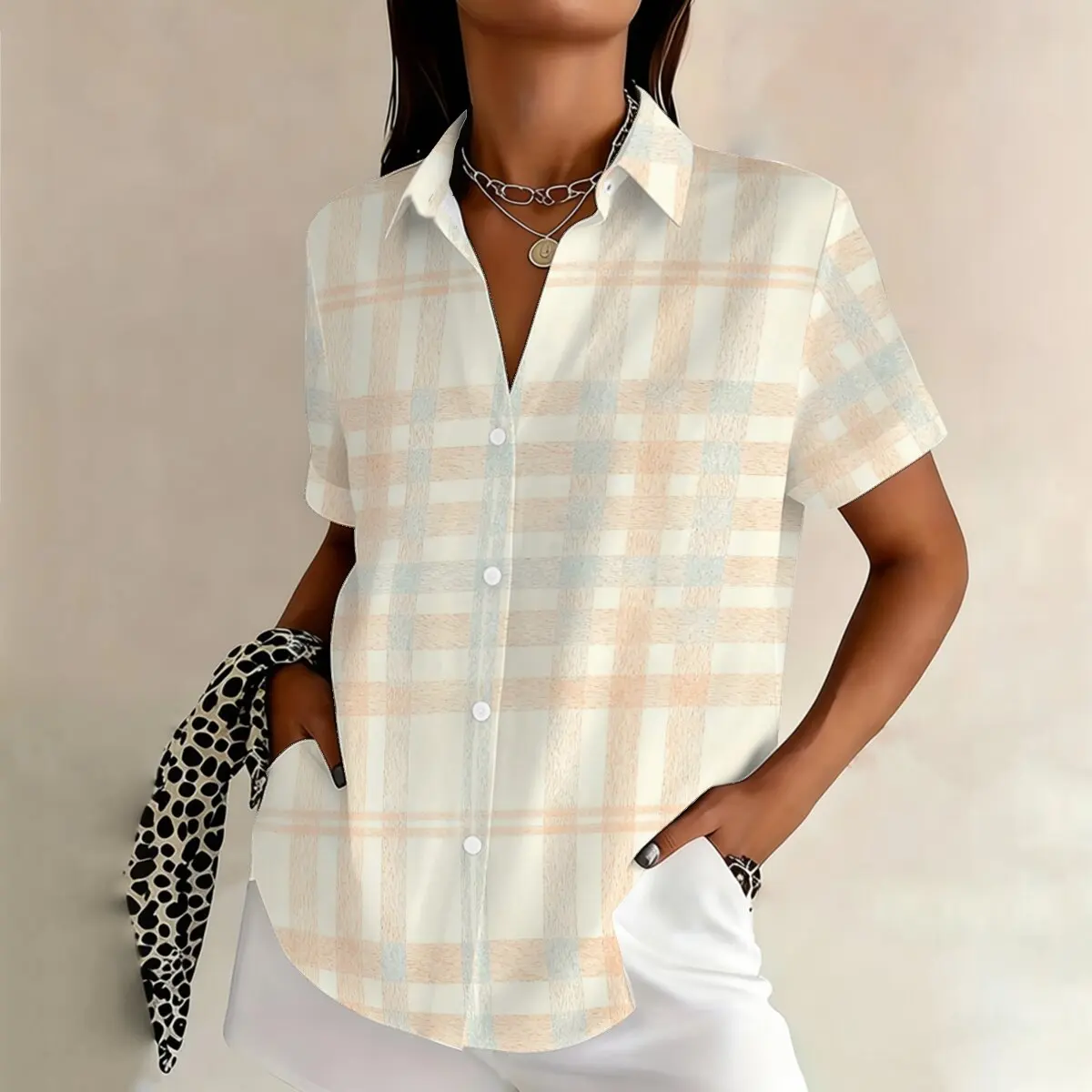 

Персонализированная минималистичная женская летняя рубашка с короткими рукавами и полосатым принтом, модный повседневный универсальный топ.