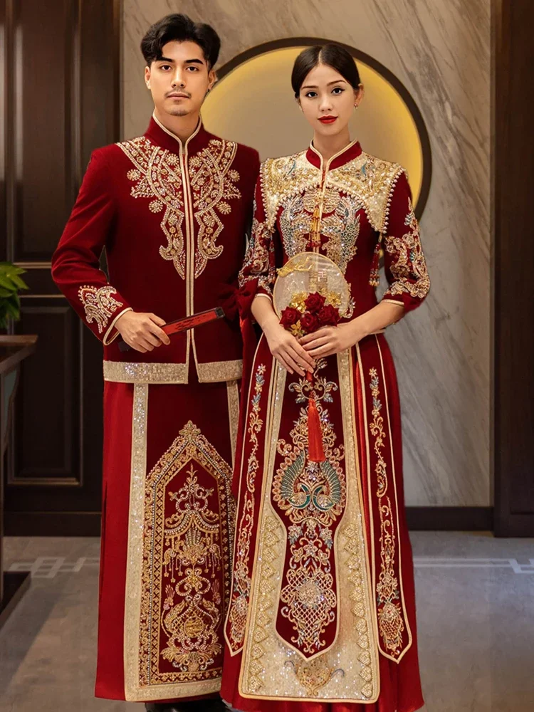 Chinese Style Wedding Clothes Women's Retro Slim-Fit Exquisite Flower Embroidery Clothing Velvet Material High-End Luxury Dress