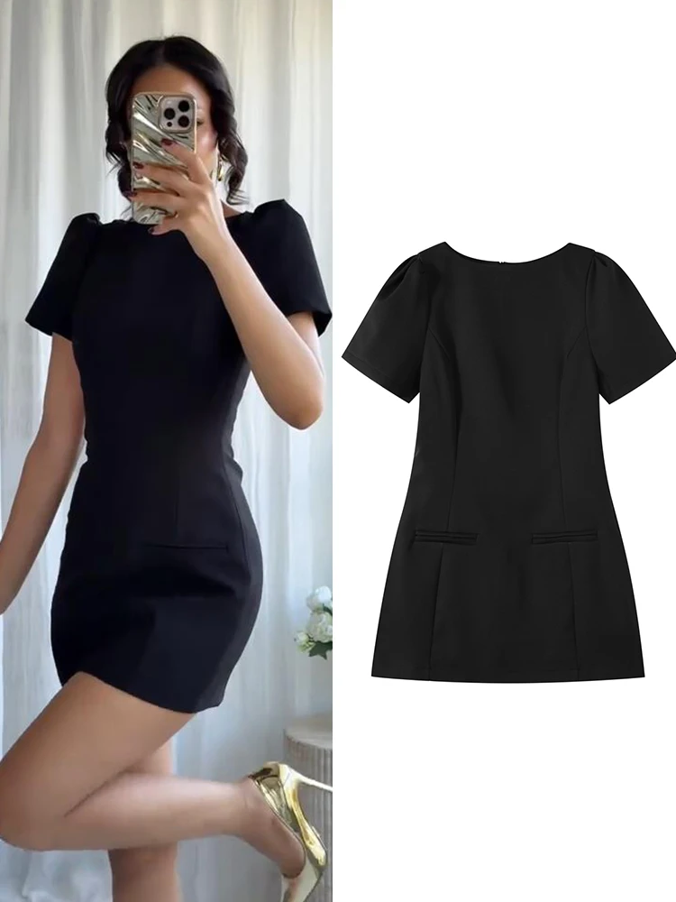 Robe courte élégante à manches bouffantes pour femmes, col rond, poches, Slim, noire, mode dame, robes de soirée, 2025