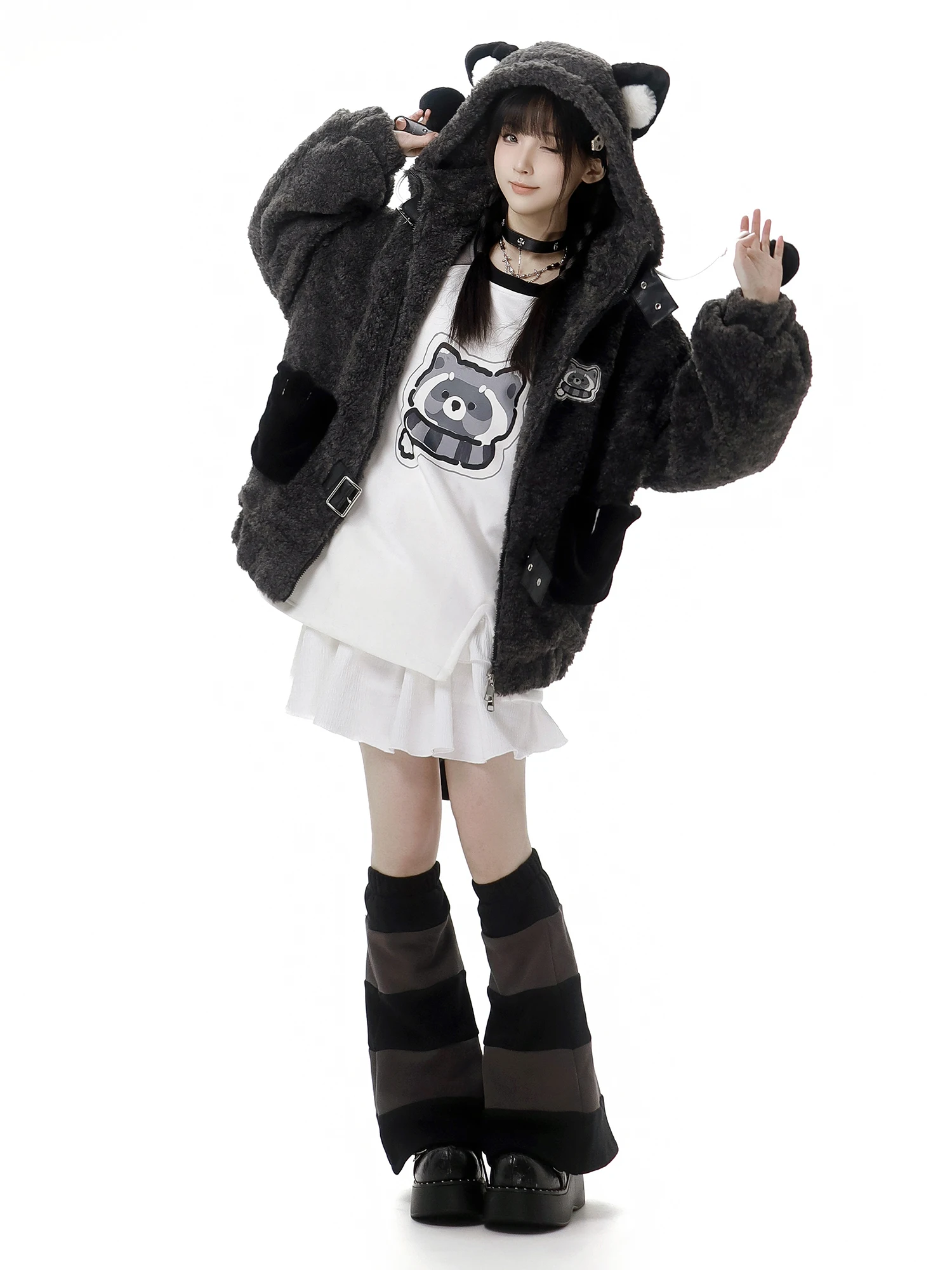 Original Design Student Süße Kühle Pelz Plüsch Jacke Winter Neue Mädchen Lose Dünne Mit Kapuze Plüsch Mäntel Hosen Top Beinlinge Set